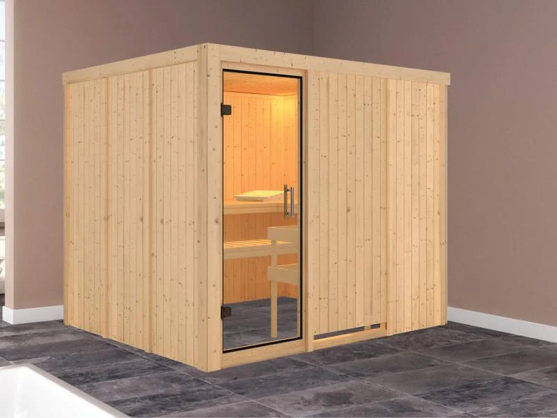Karibu Sauna Gobin ohne Ofen, ohne Dachkranz, mit Klarglas Ganzglastür