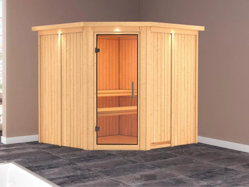 Karibu Sauna Jarin ohne Ofen, mit Dachkranz, mit Ganzglas Klarglastür