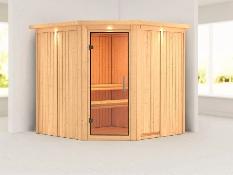 Karibu Sauna Jarin ohne Ofen, mit Dachkranz, mit Ganzglas Klarglastür