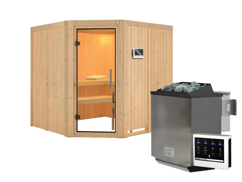 Karibu Sauna Jarin inkl. 9 kW Bio Ofen mit ext. Steuerung, ohne Dachkranz, mit Ganzglas Klarglastür