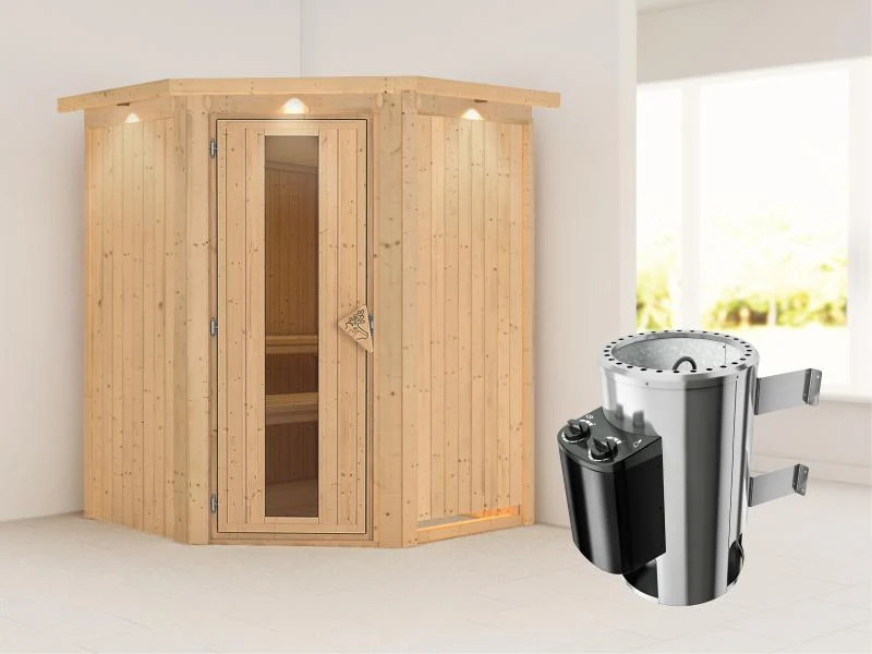 Nanja - Karibu Sauna Plug & Play 3,6 kW Ofen, int. Steuerung - mit Dachkranz - Energiespartür
