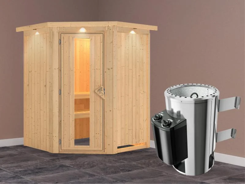 Nanja - Karibu Sauna Plug & Play 3,6 kW Ofen, int. Steuerung - mit Dachkranz - Energiespartür