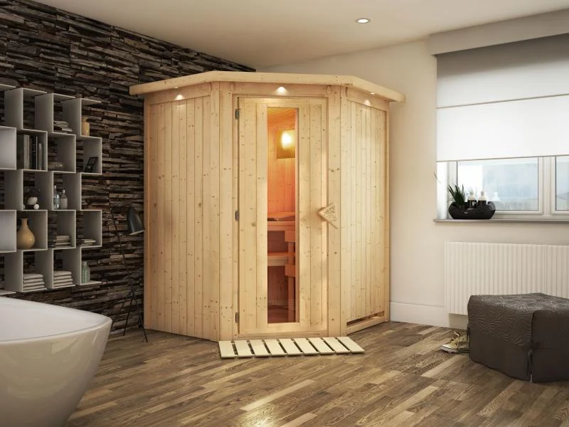 Nanja - Karibu Sauna Plug & Play ohne Ofen - mit Dachkranz - Energiespartür