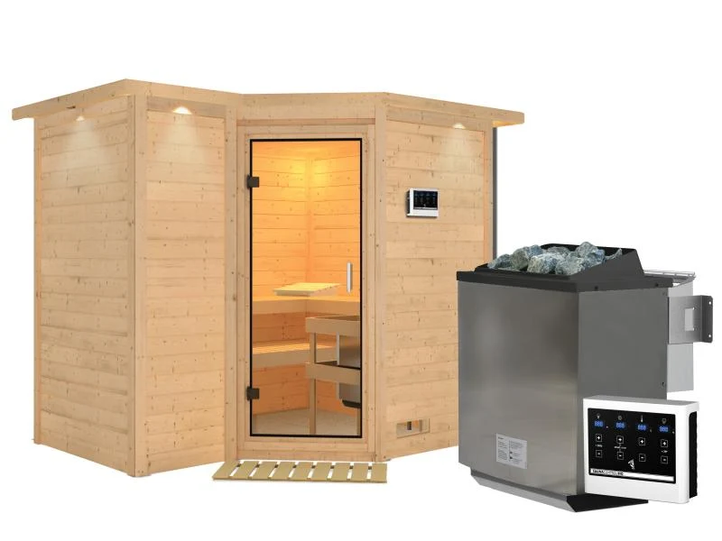 Karibu Sauna Sahib 2 inkl. 9 kW Bio Ofen mit ext. Steuerung, mit Dachkranz, mit Klarglas Ganzglastür