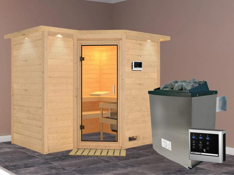 Karibu Sauna Sahib 2 inkl. 9 kW Ofen mit ext. Steuerung, mit Dachkranz, mit Klarglas Ganzglastür