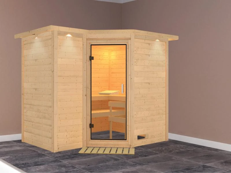 Karibu Sauna Sahib 2 ohne Ofen, mit Dachkranz, mit Klarglas Ganzglastür