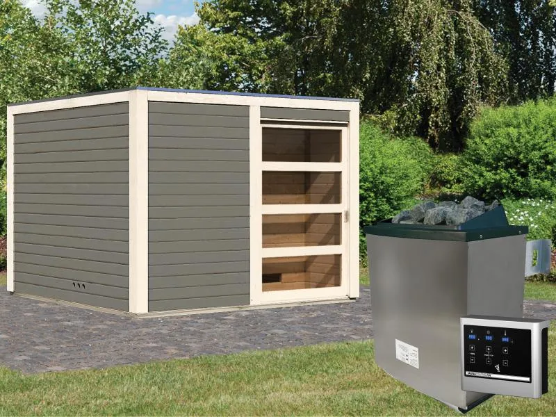 Karibu Saunahaus Cuben terragrau 38 mm inkl. 9-kW-Ofen