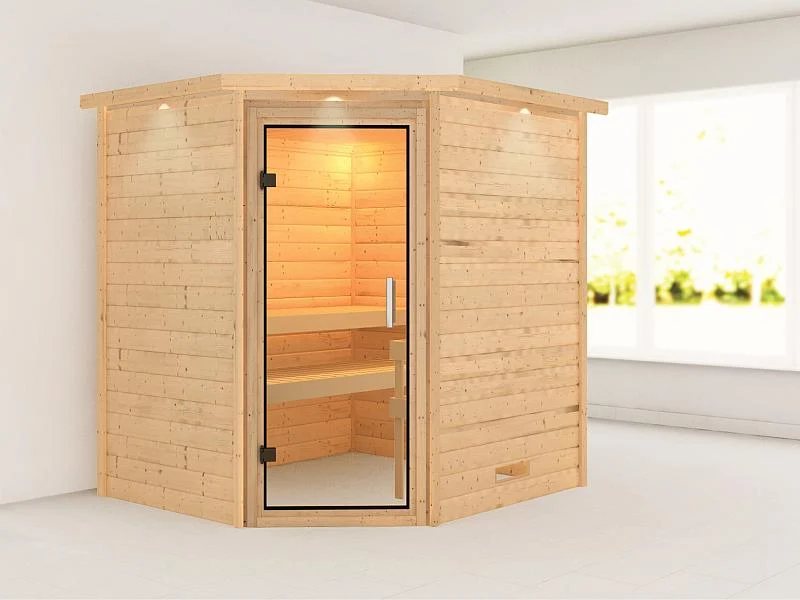 Karibu Massivholzsauna Mia 38 mm mit Klarglas Saunatür, mit Dachkranz