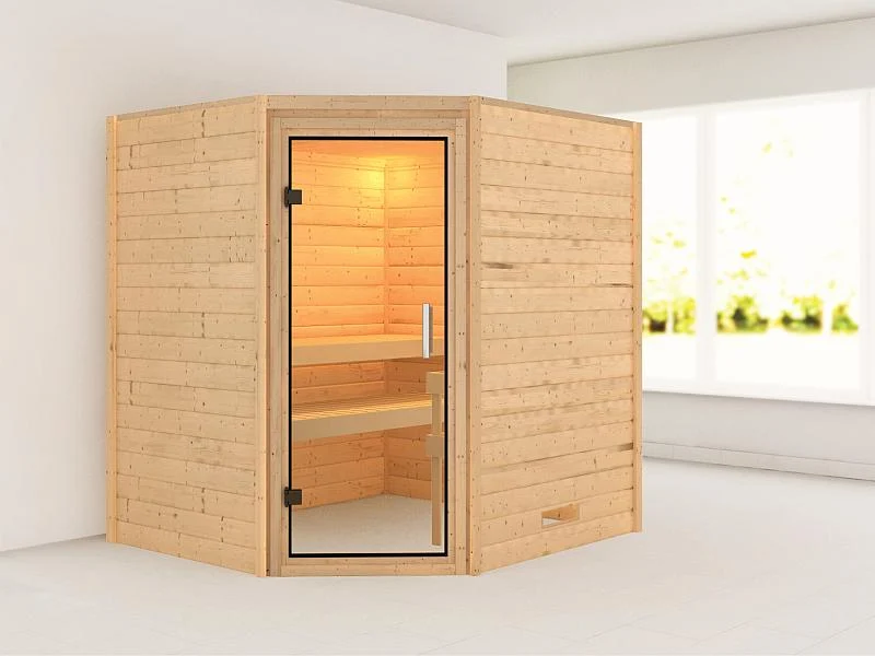 Karibu Massivholzsauna Mia 38 mm mit Klarglas Saunatür, ohne Dachkranz