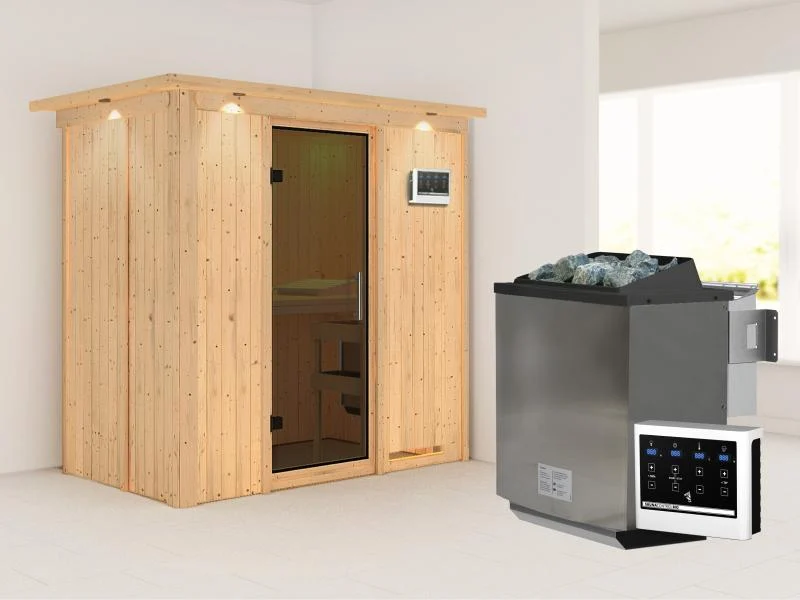 Karibu Sauna Variado inkl. 9 kW Bioofen ext. Steuerung, mit moderner Saunatür -mit Dachkranz-