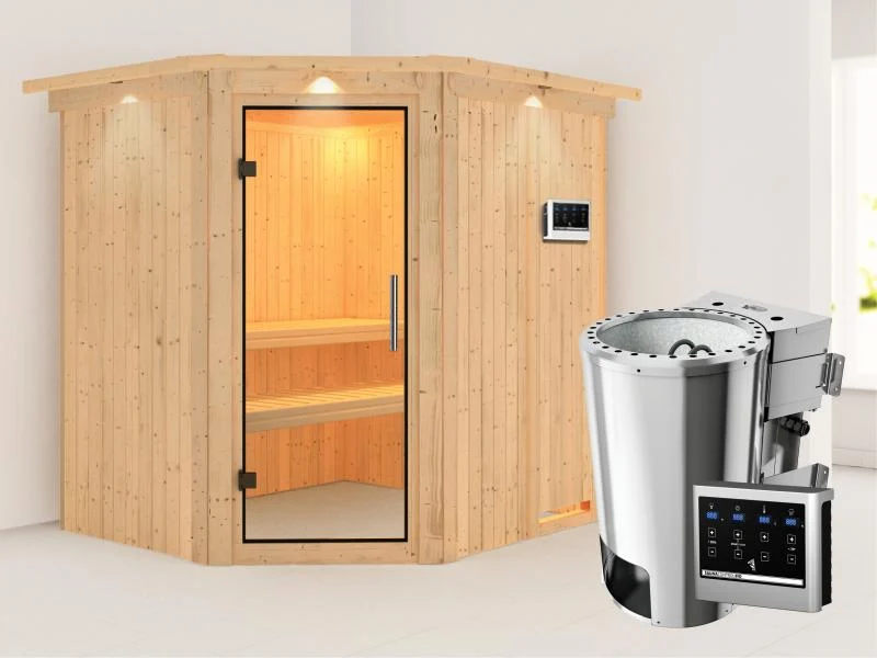 Lilja - Karibu Sauna Plug & Play 3,6 kW Bio Ofen, ext. Steuerung - mit Dachkranz - Klarglas Ganzglas