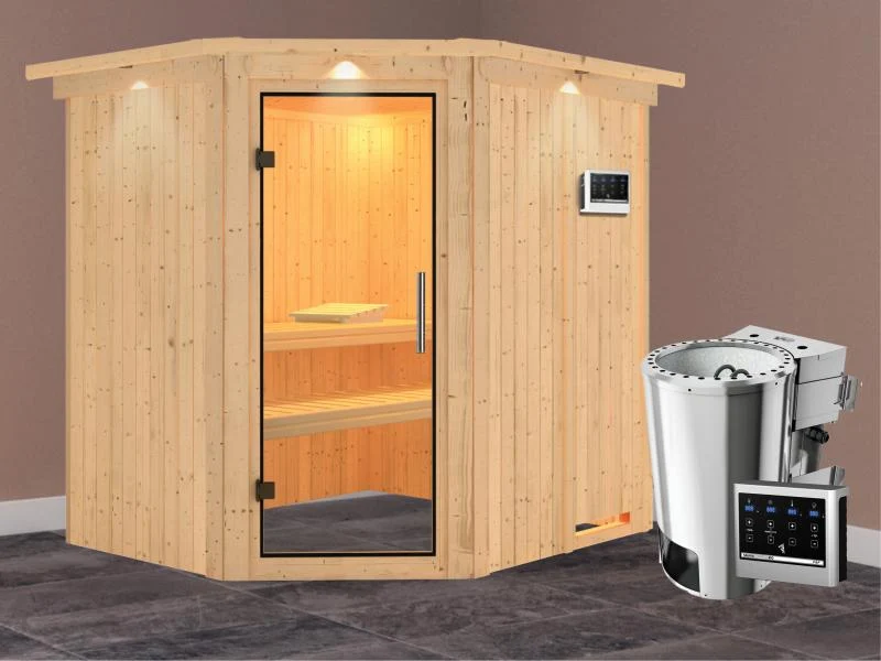 Lilja - Karibu Sauna Plug & Play 3,6 kW Bio Ofen, ext. Steuerung - mit Dachkranz - Klarglas Ganzglas