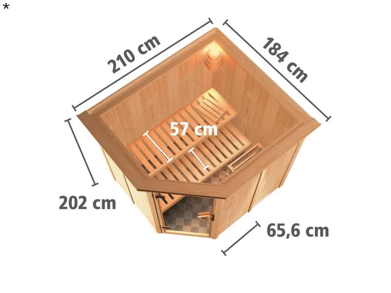 Lilja - Karibu Sauna Plug & Play 3,6 kW Ofen, int. Steuerung - mit Dachkranz - Klarglas Ganzglastür