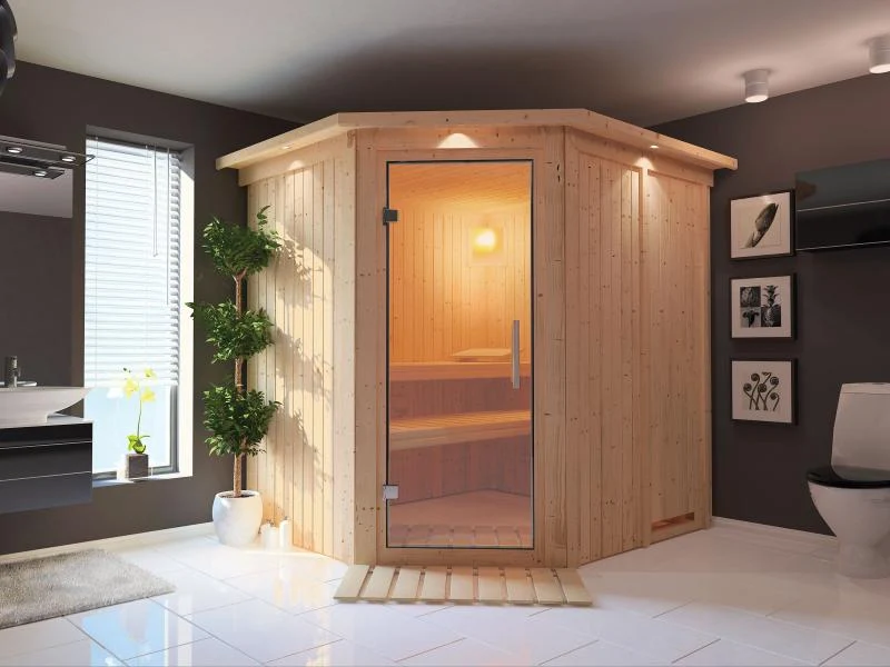 Lilja - Karibu Sauna Plug & Play ohne Ofen - mit Dachkranz - Klarglas Ganzglastür