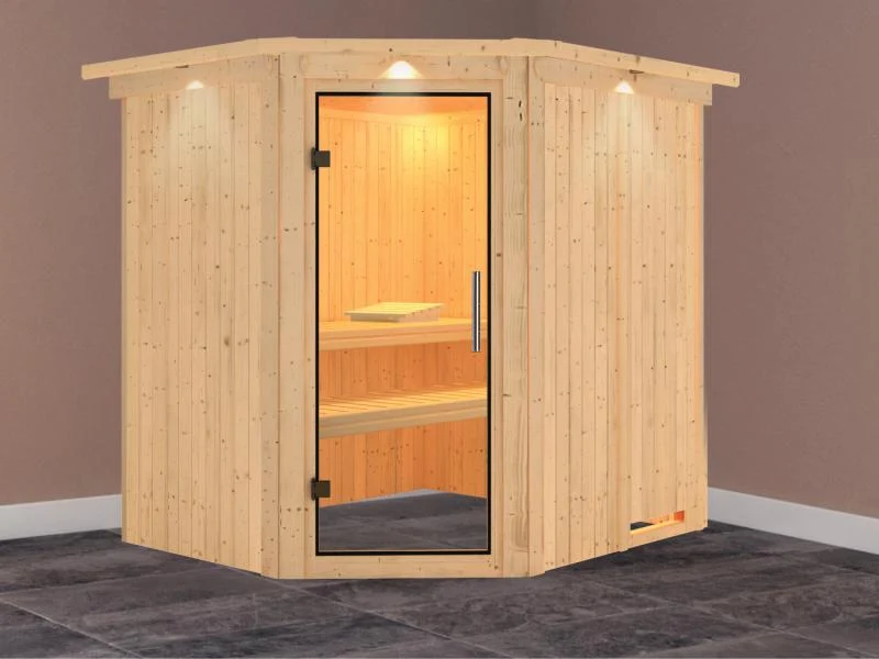 Lilja - Karibu Sauna Plug & Play ohne Ofen - mit Dachkranz - Klarglas Ganzglastür