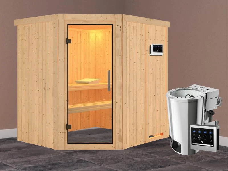 Lilja - Karibu Sauna Plug & Play 3,6 kW Bio Ofen, ext. Steuerung - ohne Dachkranz - Klarglas Ganzgla