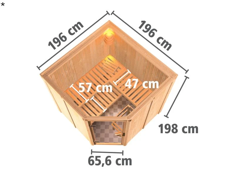 Karibu Sauna Jarin inkl. 9 kW Ofen mit int. Steuerung, ohne Dachkranz, mit Ganzglas Klarglastür