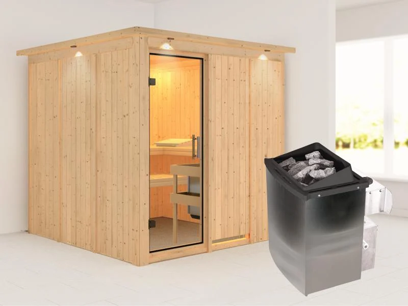 Karibu Sauna Rodin inkl. 9 kW Ofen mit int. Steuerung, mit Dachkranz, mit Klarglas Ganzglastür