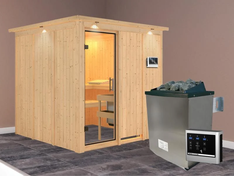 Karibu Sauna Rodin inkl. 9 kW Ofen mit ext. Steuerung, mit Dachkranz, mit Klarglas Ganzglastür
