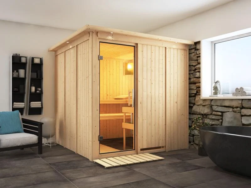 Karibu Sauna Rodin ohne Ofen, mit Dachkranz, mit Klarglas Ganzglastür
