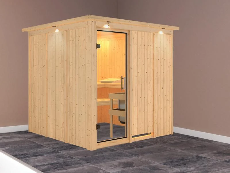 Karibu Sauna Rodin ohne Ofen, mit Dachkranz, mit Klarglas Ganzglastür