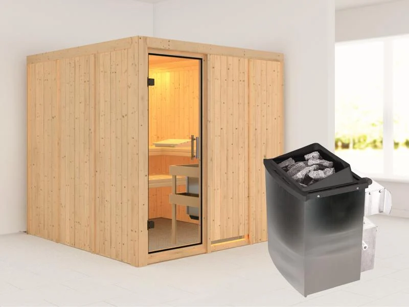 Karibu Sauna Rodin inkl. 9 kW Ofen mit int. Steuerung, ohne Dachkranz, mit Klarglas Ganzglastür