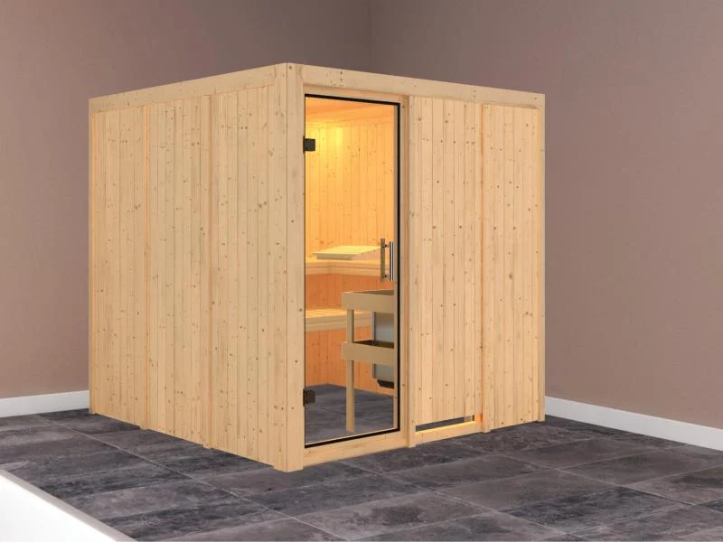 Karibu Sauna Rodin ohne Ofen, ohne Dachkranz, mit Klarglas Ganzglastür