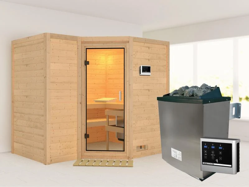 Karibu Sauna Sahib 2 inkl. 9-kW-Ofen mit ext. Steuerung, ohne Dachkranz, mit Klarglas Ganzglastür