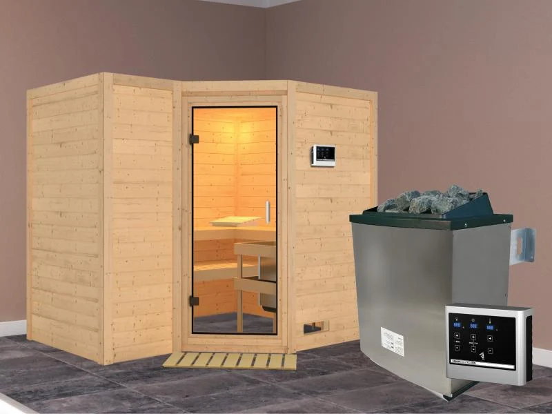 Karibu Sauna Sahib 2 inkl. 9-kW-Ofen mit ext. Steuerung, ohne Dachkranz, mit Klarglas Ganzglastür