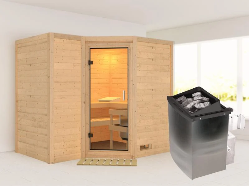Karibu Sauna Sahib 2 inkl. Ofen mit int. Steuerung, ohne Dachkranz, mit Klarglas Ganzglastür