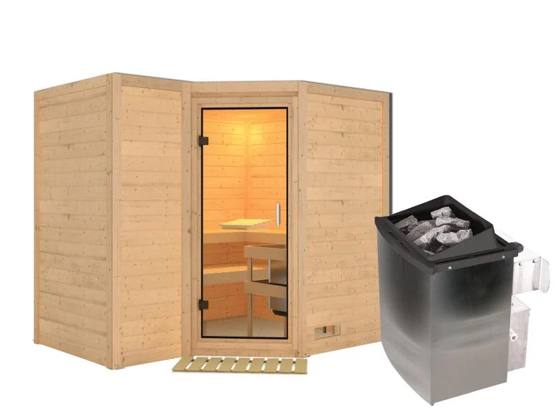 Karibu Sauna Sahib 2 inkl. Ofen mit int. Steuerung, ohne Dachkranz, mit Klarglas Ganzglastür
