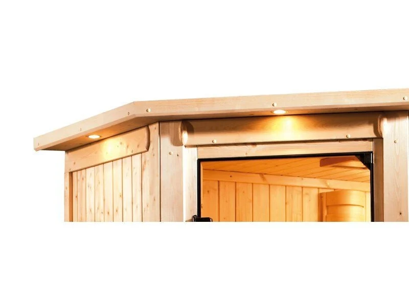Karibu Sauna Sahib 1 inkl. 9 kW Ofen mit ext. Steuerung, mit Klarglas-Ganzglastür -mit Dachkranz-