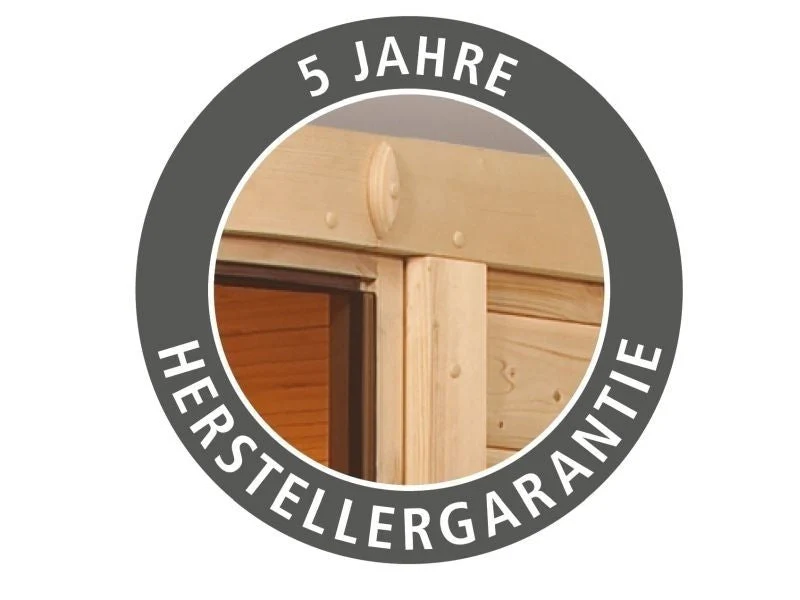 Karibu Sauna Sahib 1 inkl. 9 kW Ofen mit ext. Steuerung, mit Klarglas-Ganzglastür -mit Dachkranz-