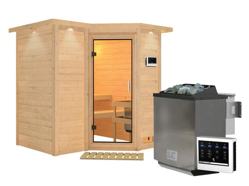 Karibu Sauna Sahib 1 inkl. 9 kW Bioofen mit ext. Steuerung, mit Klarglas-Ganzglastür -mit Dachkranz-