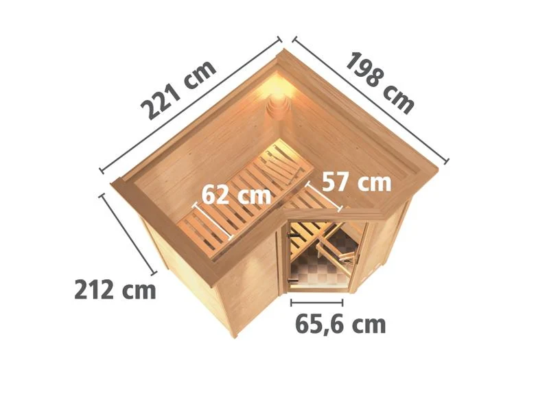 Karibu Sauna Sahib 1 inkl. 9 kW Bioofen mit ext. Steuerung, mit Klarglas-Ganzglastür -mit Dachkranz-