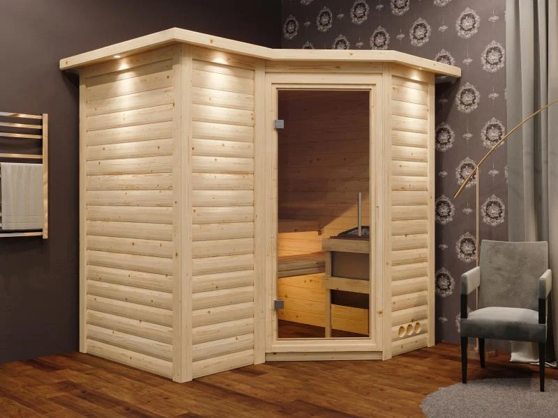 Karibu Sauna Sahib 1 ohne Ofen, mit Klarglas-Ganzglastür -mit Dachkranz-