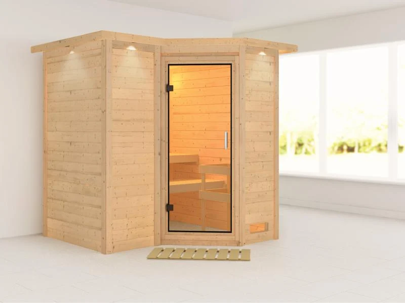 Karibu Sauna Sahib 1 ohne Ofen, mit Klarglas-Ganzglastür -mit Dachkranz-
