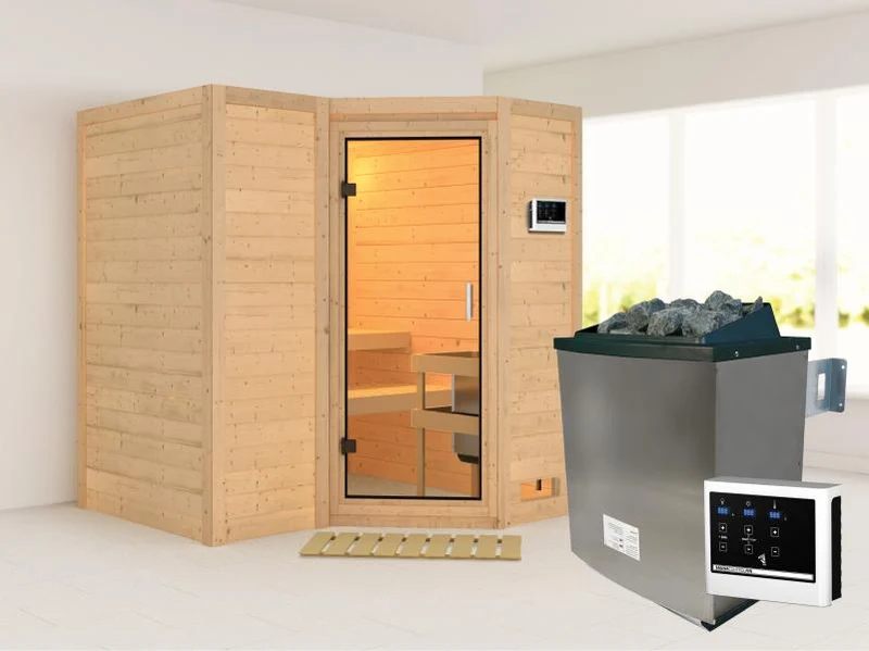 Karibu Sauna Sahib 1 inkl. 9 kW Ofen mit ext. Steuerung, mit Klarglas-Ganzglastür -ohne Dachkranz-