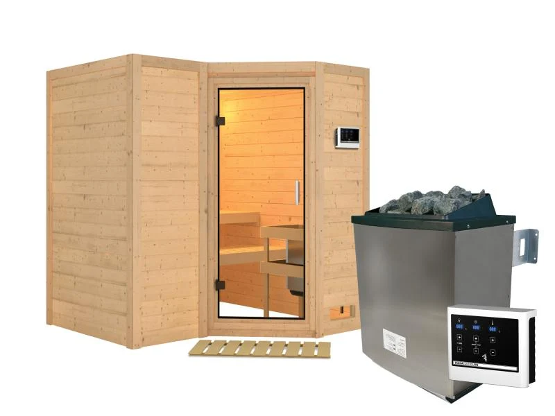 Karibu Sauna Sahib 1 inkl. 9 kW Ofen mit ext. Steuerung, mit Klarglas-Ganzglastür -ohne Dachkranz-