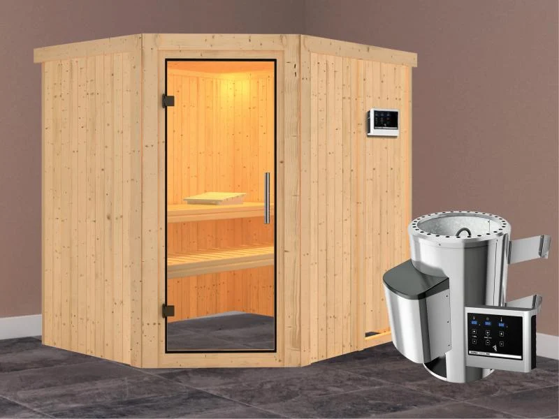 Lilja - Karibu Sauna Plug & Play 3,6 kW Ofen, ext. Steuerung - ohne Dachkranz - Klarglas Ganzglastür