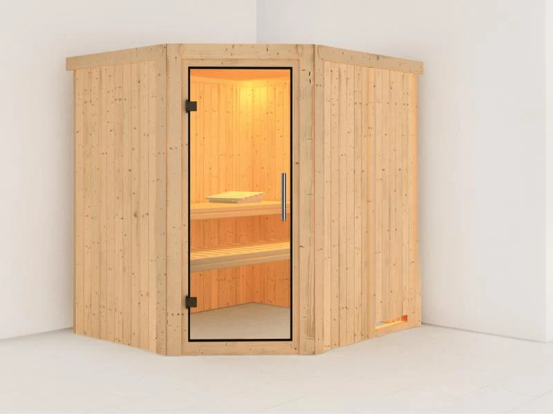 Lilja - Karibu Sauna Plug & Play ohne Ofen - ohne Dachkranz - Klarglas Ganzglastür