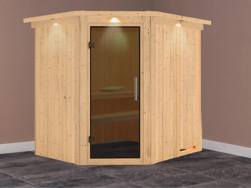 Lilja - Karibu Sauna Plug & Play ohne Ofen - mit Dachkranz - Moderne Saunatür