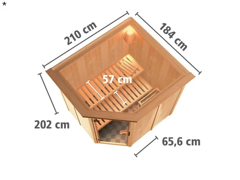 Lilja - Karibu Sauna Plug & Play 3,6 kW Ofen, int. Steuerung - mit Dachkranz - Moderne Saunatür