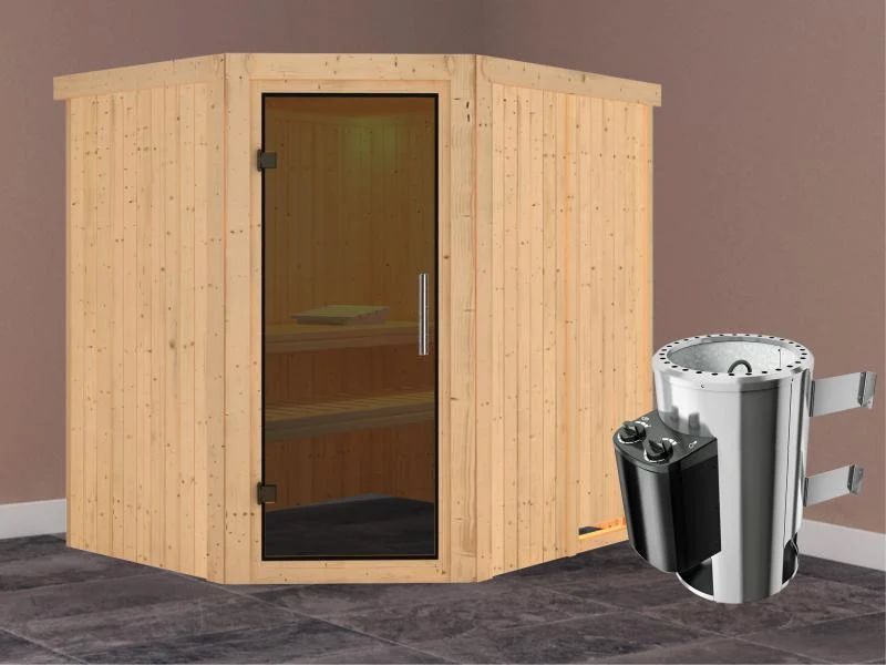 Lilja - Karibu Sauna Plug & Play 3,6 kW Ofen, int. Steuerung - ohne Dachkranz - Moderne Saunatür