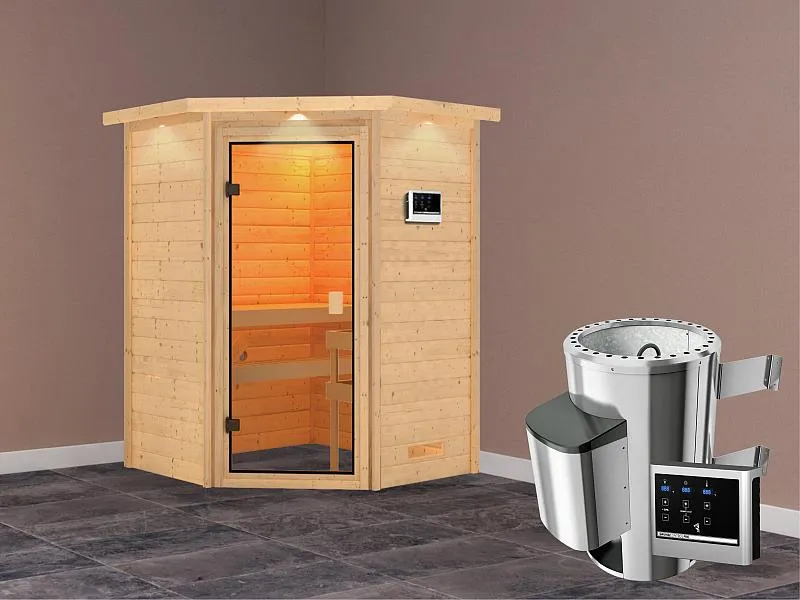 Karibu Sauna Antonia mit 3,6 kW Ofen ext. Strg und Dachkranz 38 mm
