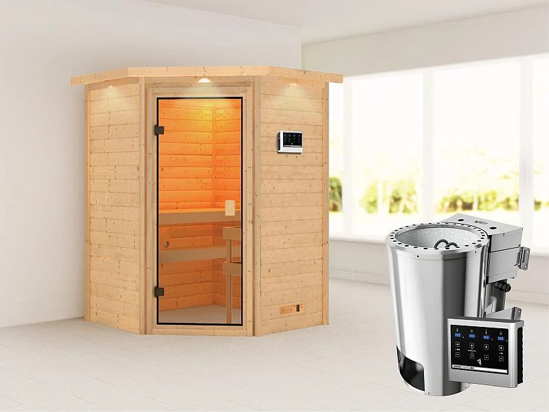 Karibu Sauna Antonia mit 3,6 kW Bioofen ext. Strg und Dachkranz 38 mm