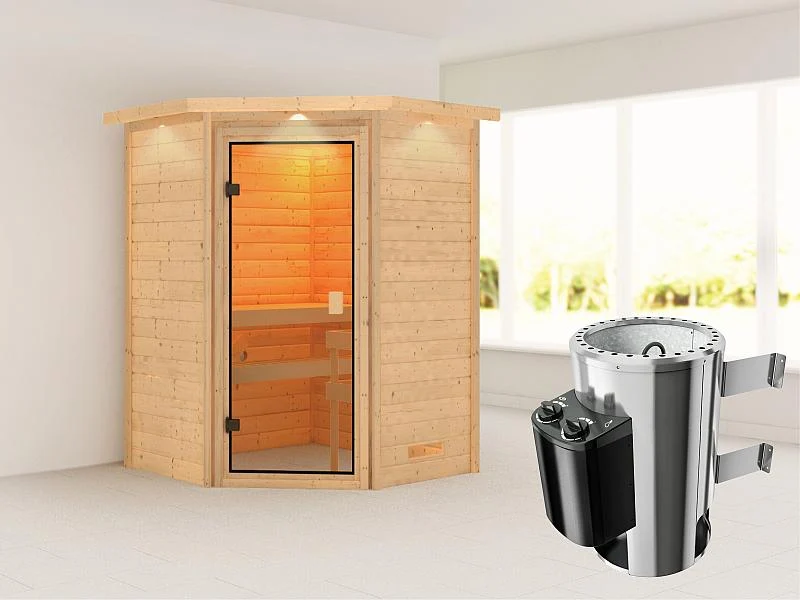 Karibu Sauna Antonia mit 3,6 kW Ofen integr. Strg und Dachkranz 38 mm