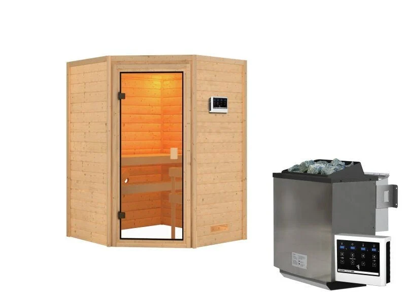 Karibu Sauna Antonia inkl. 9 kW Bioofen ext. Steuerung mit klassischer Saunatür -ohne Dachkranz-