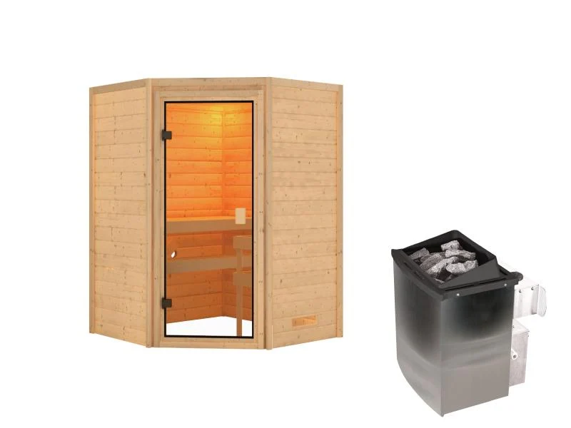 Karibu Sauna Antonia inkl. 9 kW Ofen integr. Steuerung mit klassischer Saunatür -ohne Dachkranz-