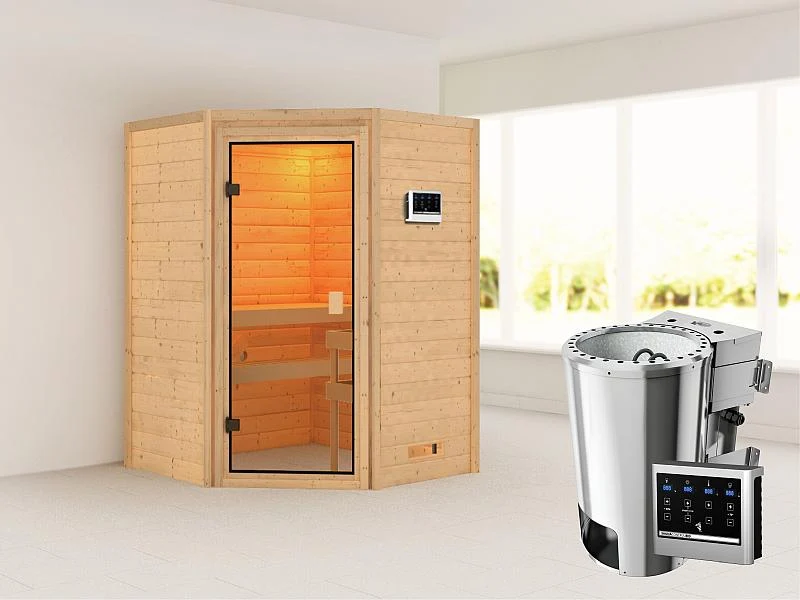 Karibu Sauna Antonia mit 3,6 kW Bioofen ext. Strg ohne Dachkranz 38 mm